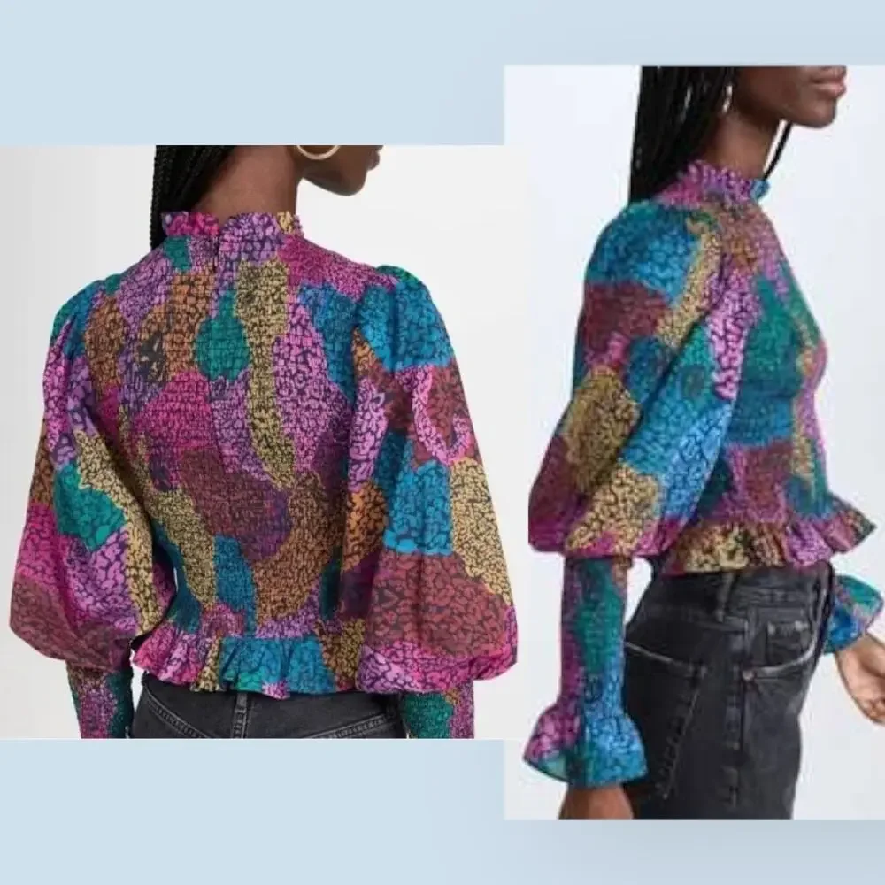 FARM RIO Leopard Rainbow Mix Blouse Smocked Ruffle Boho Cottagecore Glam Indie